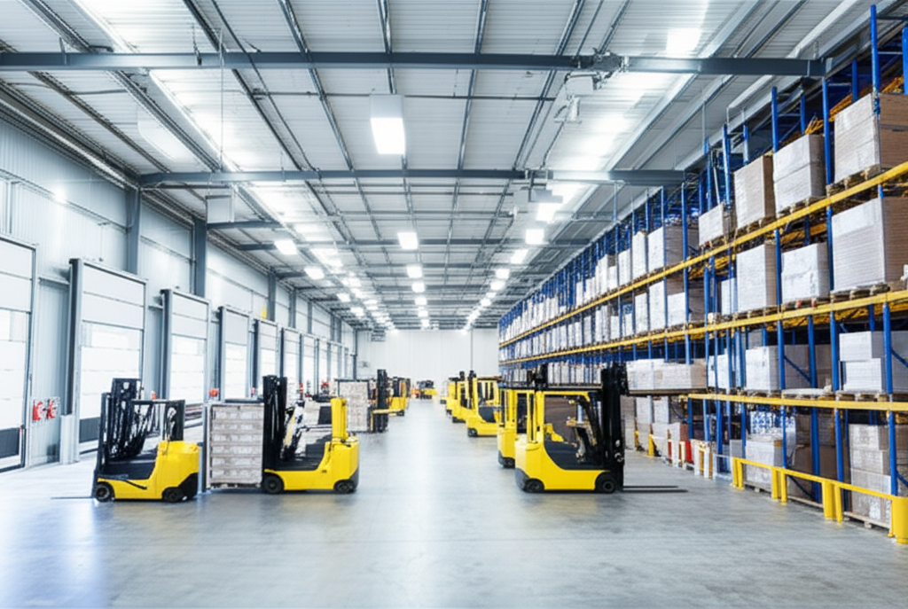 Modern warehouse facility with forklifts