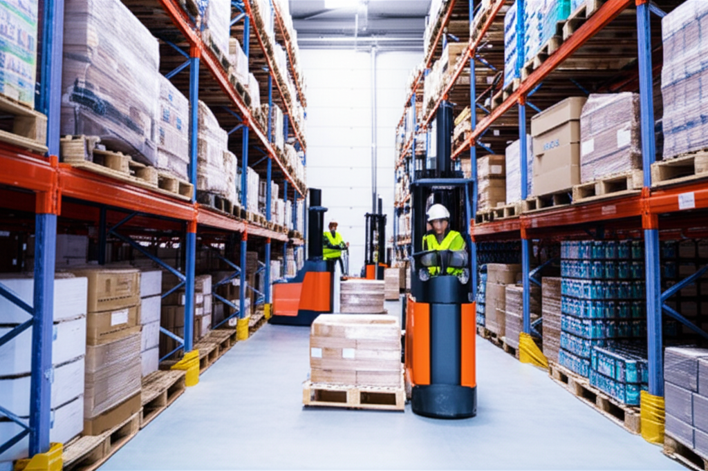 Warehouse workers operating lift trucks